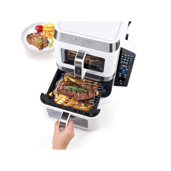 White Salter dual air fryer with two pull-out drawers, shown angled to highlight handles