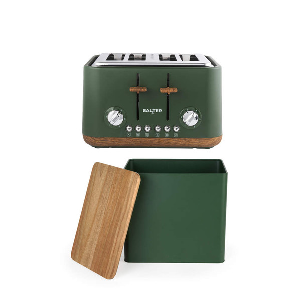 Green 4-slice toaster and matching bread bin with wood accents, product image