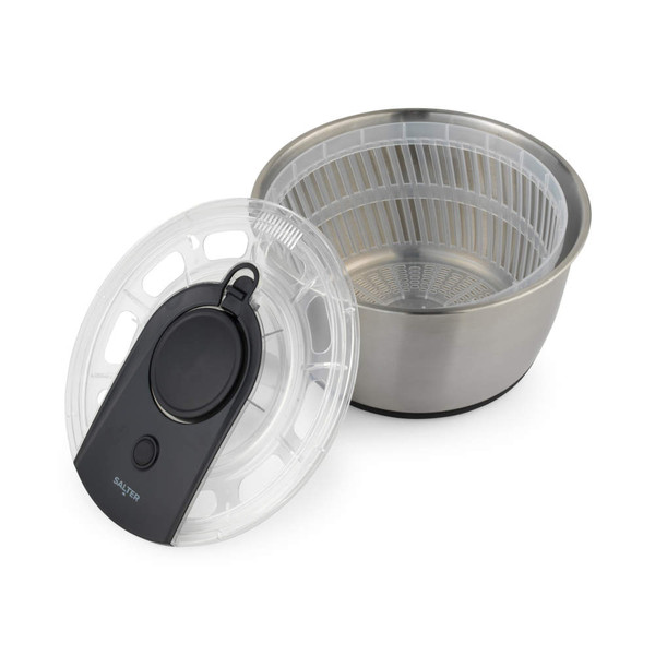 Silver salad spinner with clear lid and black handle, shown open