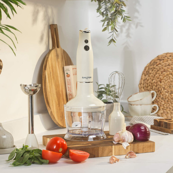 Cream hand blender set with whisk and chopper attachments shown on white background