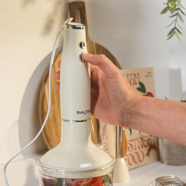 Cream hand blender set with whisk, chopper bowl and blending attachment
