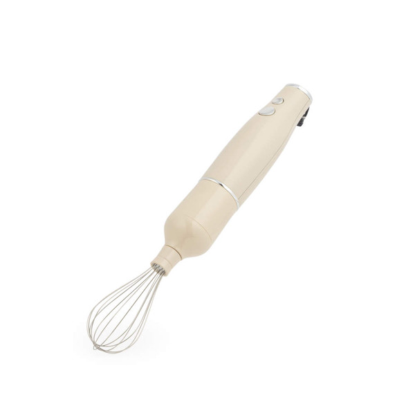 Cream cordless electric whisk with stainless steel balloon attachment