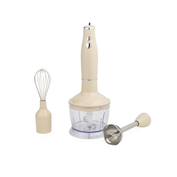 Cream hand blender set with whisk, chopper, and blending attachment