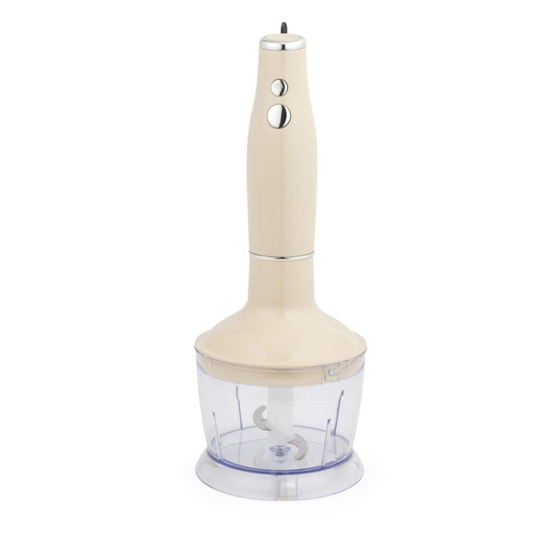 Cream hand blender with transparent chopper bowl, shown upright on white background