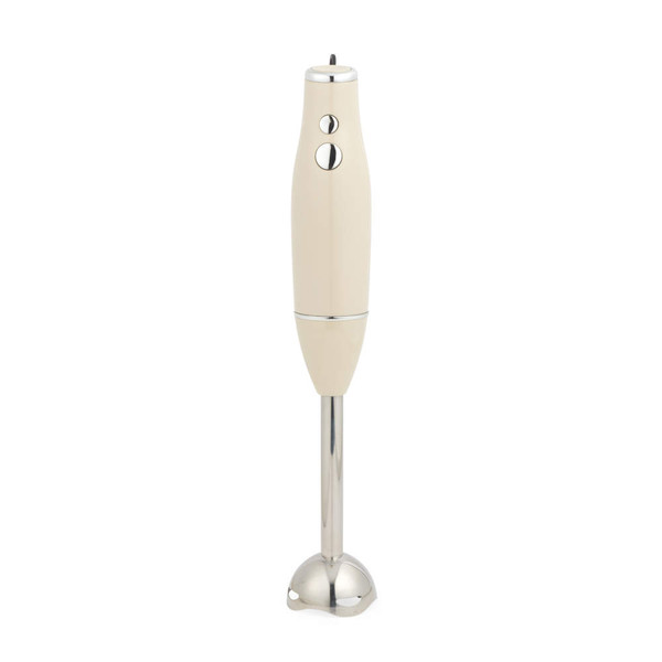 Cream hand blender with stainless steel stem, shown upright on white background
