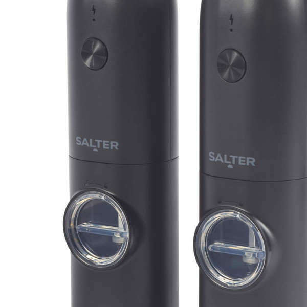 Pair of black Salter electric grinders with viewing windows, close-up