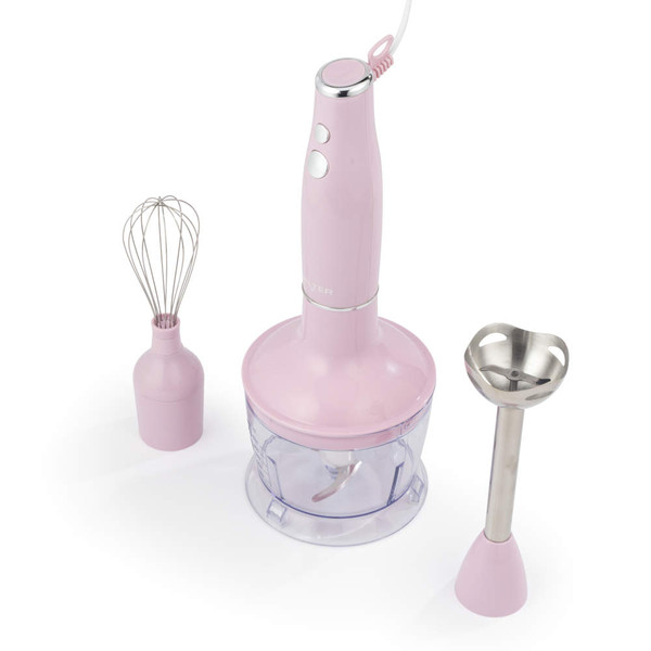 Pink hand blender set with chopper, whisk, and blending attachments