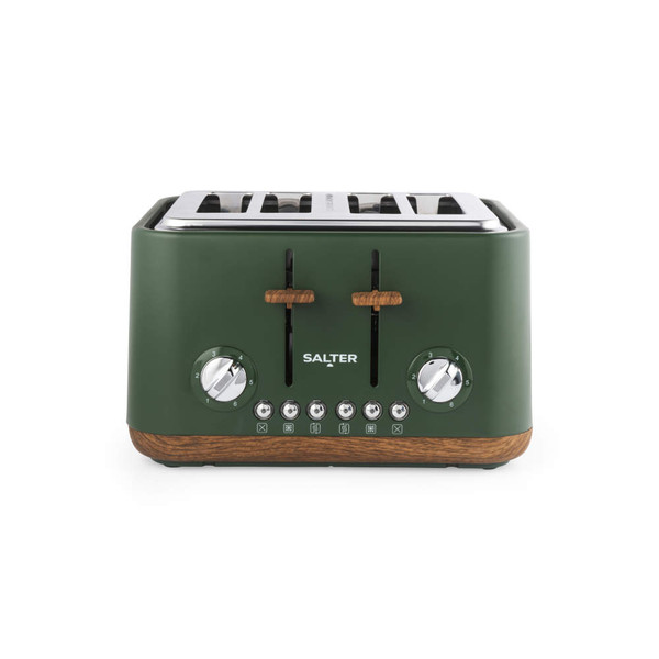 Green four-slice toaster with wood-effect base, front view