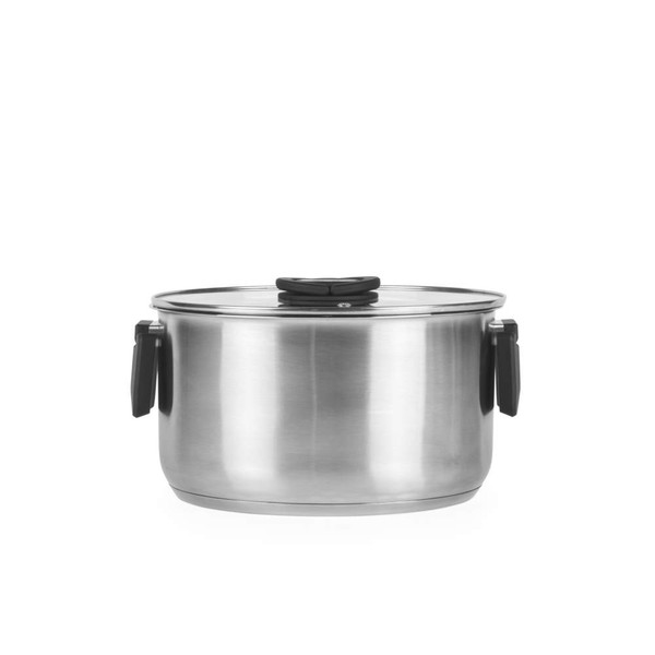 Stainless steel stockpot with glass lid and black handles, shown on white background
