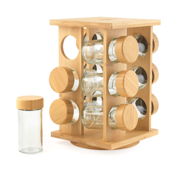 Rotating bamboo spice rack with twelve empty glass jars and wooden lids