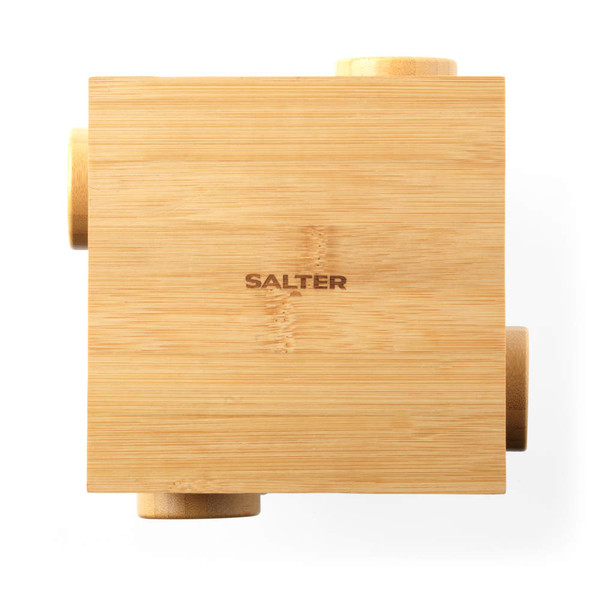 Bamboo knife block with Salter logo, viewed from above