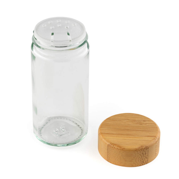 Empty glass spice jar with shaker insert and separate bamboo lid
