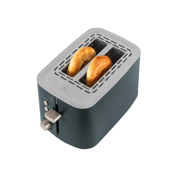 Two-slice grey toaster with bagels toasting, angled top view