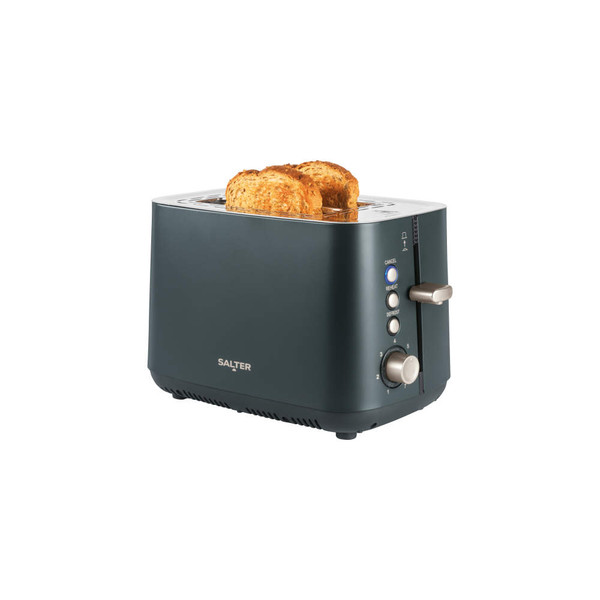 Grey 2-slice toaster with lever and buttons, showing toasted bread inside slots
