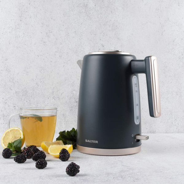Salter matte grey electric kettle, side view, with tea and fresh fruit for kitchen display