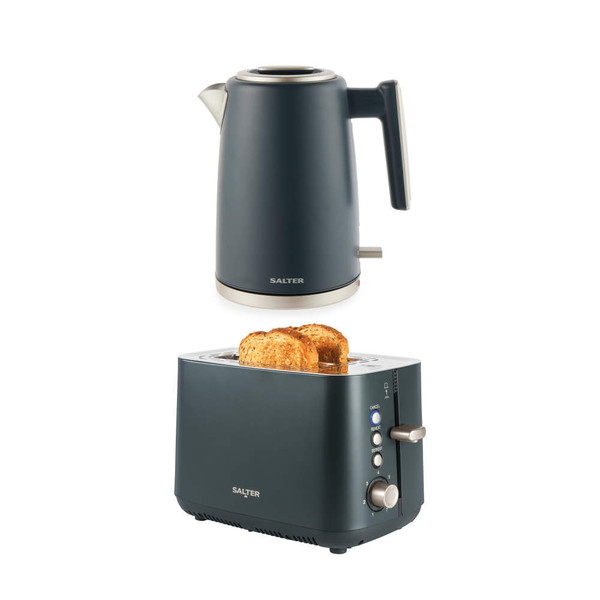 Matte navy kettle and toaster set with two slices of toasted bread, on white background