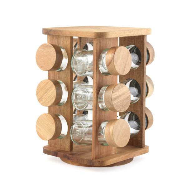 Wooden spice rack with twelve glass jars, shown empty, suitable for kitchen storage.