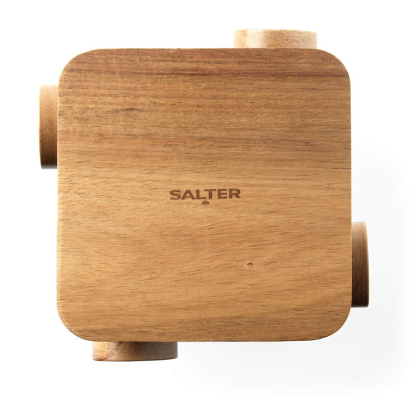 Square wooden kitchen utensil holder by Salter, viewed from above, light wood finish
