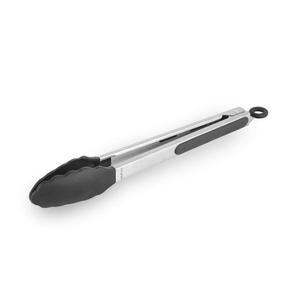 Stainless steel kitchen tongs with black silicone tips, shown at angle.