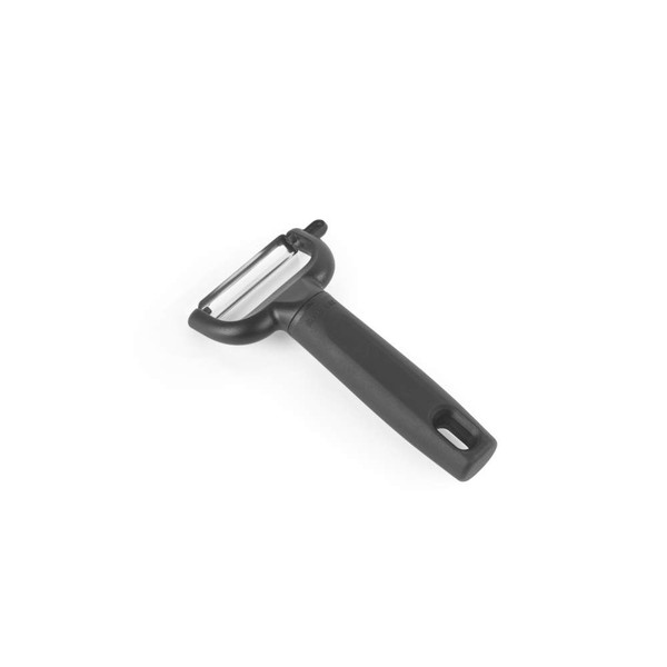 Black horizontal Y-shaped vegetable peeler with stainless steel blade on white background