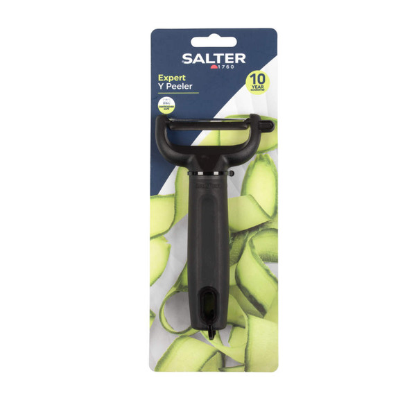 Black Y peeler in packaging, Salter Expert range, dishwasher safe