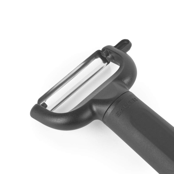 Black Y-shaped vegetable peeler with stainless steel blade, shown close up.