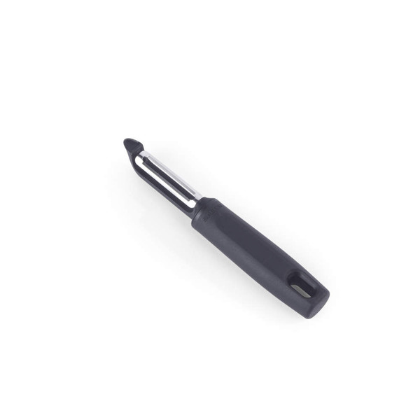 Black-handled Y-shaped vegetable peeler with stainless steel blade on white background