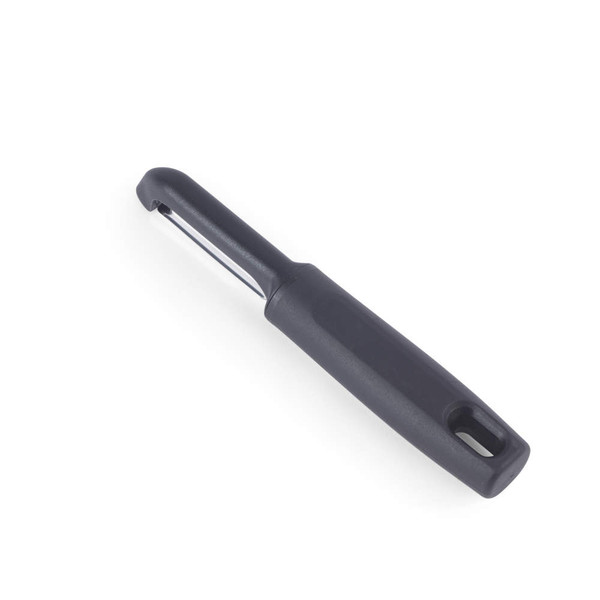 Black-handled straight vegetable peeler on white background