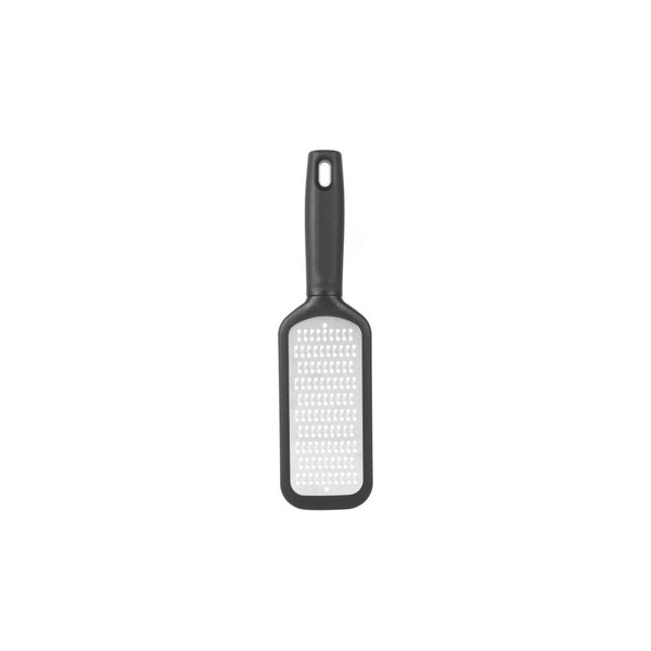 Black handheld grater with rectangular stainless steel blade, shown on white background
