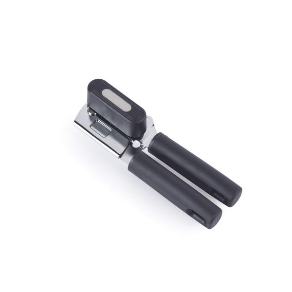 Black manual can opener with ergonomic handles, angled on white background.