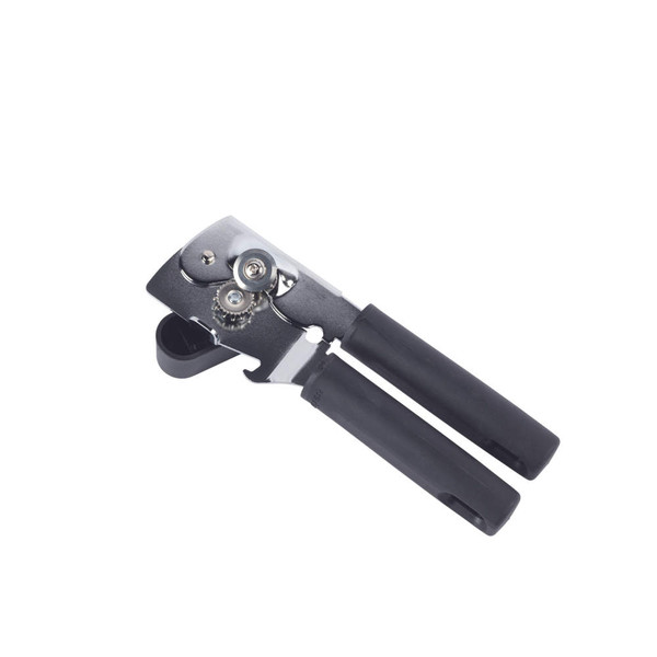 Manual can opener with black handles, angled view