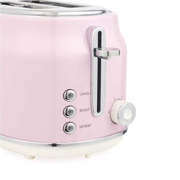 Pink two-slice toaster with chrome controls, shown angled from side