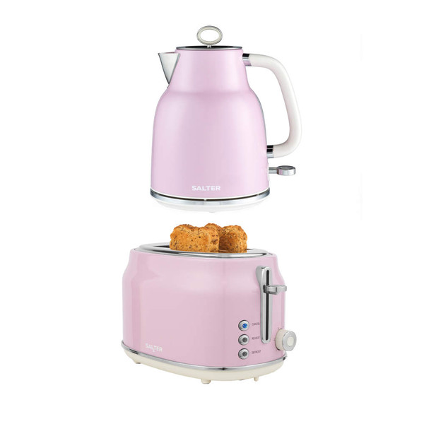 Pink Salter kettle and toaster set with two slices of toast, product image