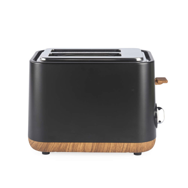 Black 2-slice toaster with wood effect base, side view