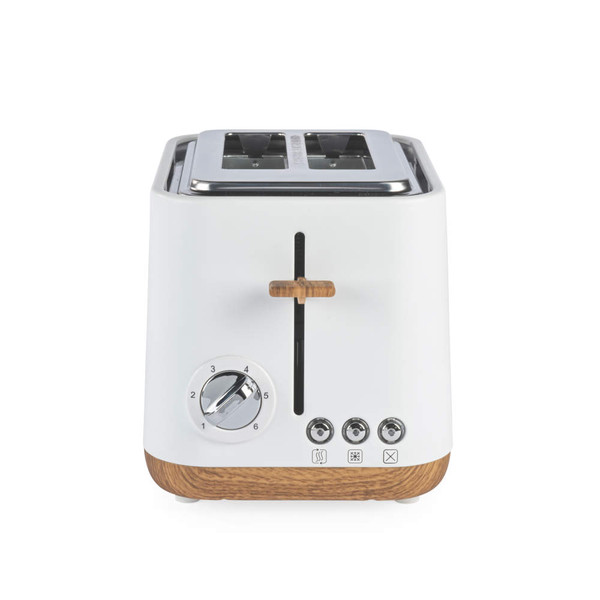 White 2-slice toaster with wood accents, shown from front on plain background.
