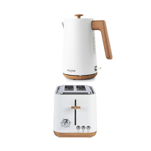 White kettle and 2-slice toaster set with wood-effect accents