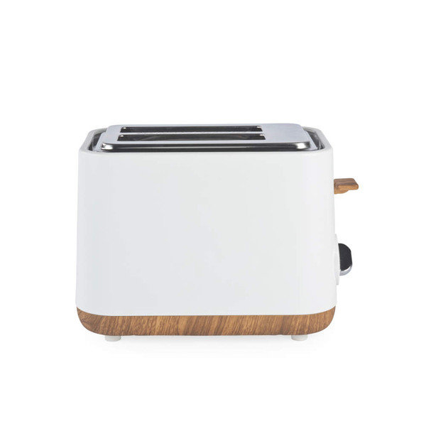 2-slice white toaster with wood effect trim, side view
