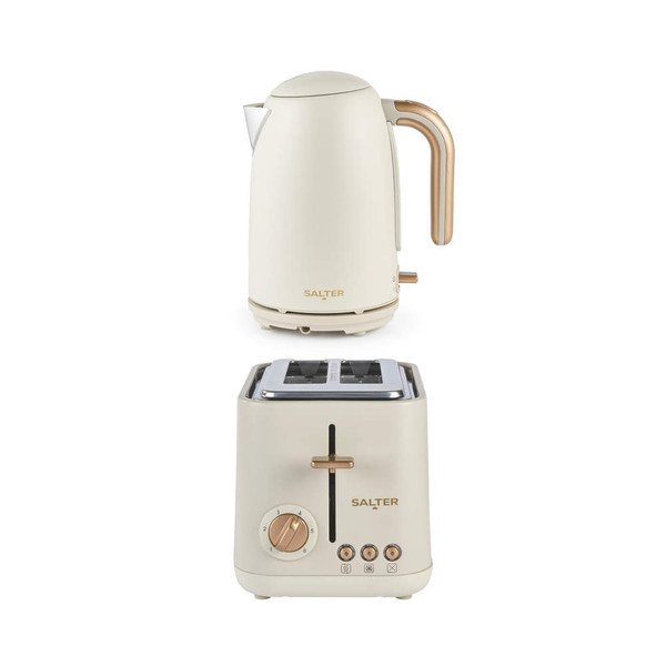 Salter cream and gold kettle and 2-slice toaster set on white background