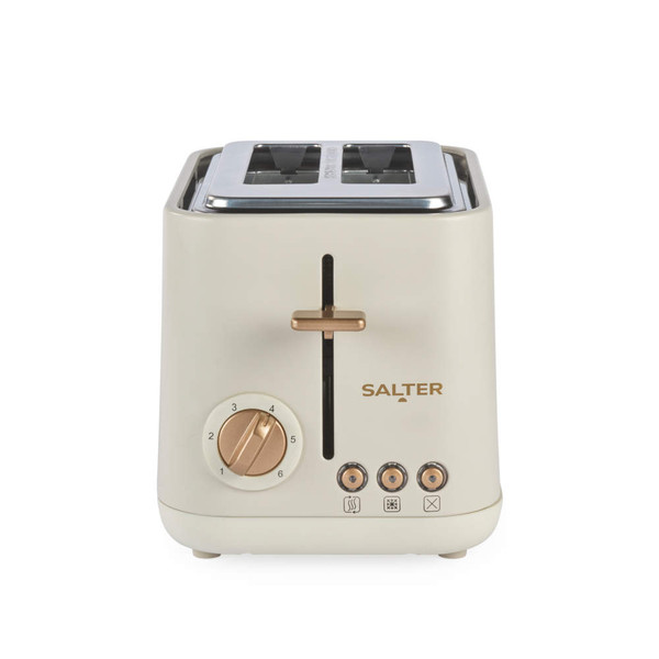 Salter 2-slice beige toaster with gold controls, front view