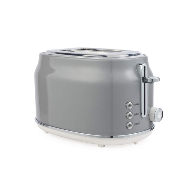 Grey 2-slice toaster with side controls and chrome details, angled view