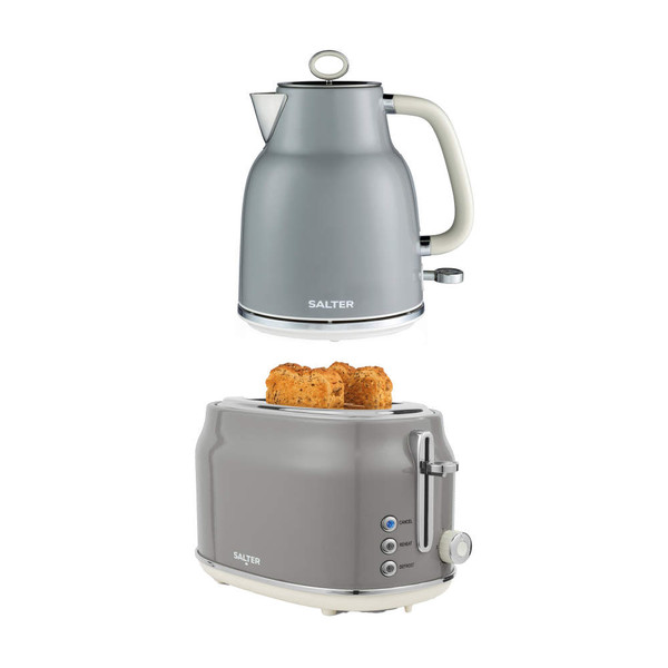 Grey electric kettle and 2-slice toaster set with toast, Salter brand