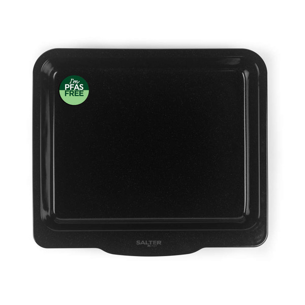 Black non-stick oven tray with PFAS free label