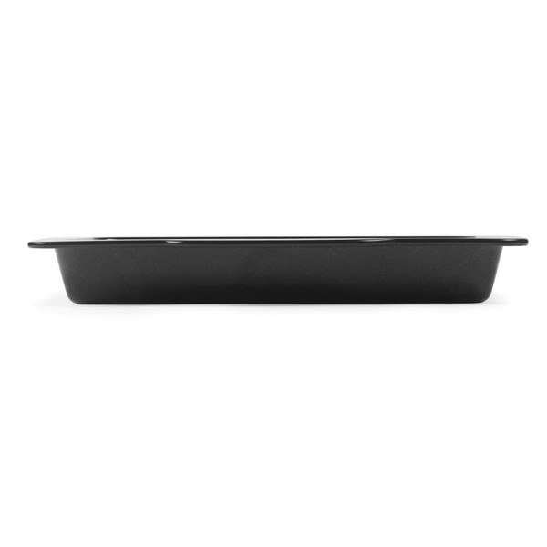 Black enamel roasting tin, rectangular, shown from the side