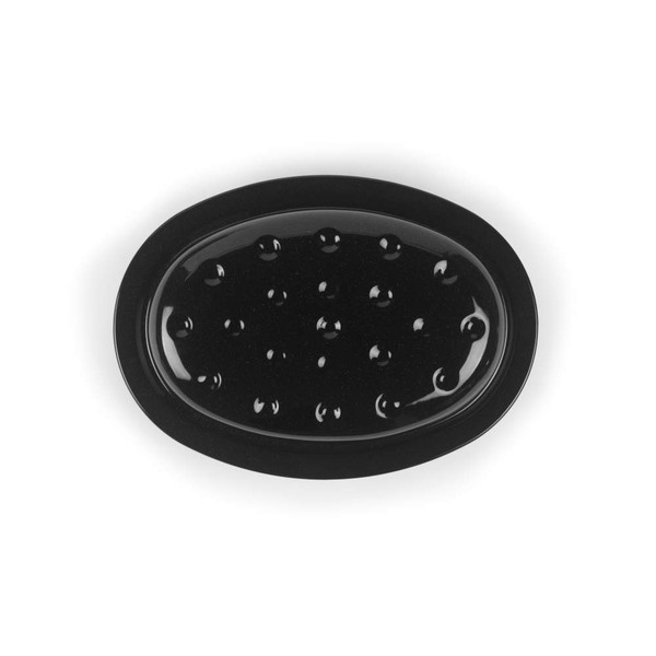 Black oval soap dish with raised bumps for drainage, shown from above.