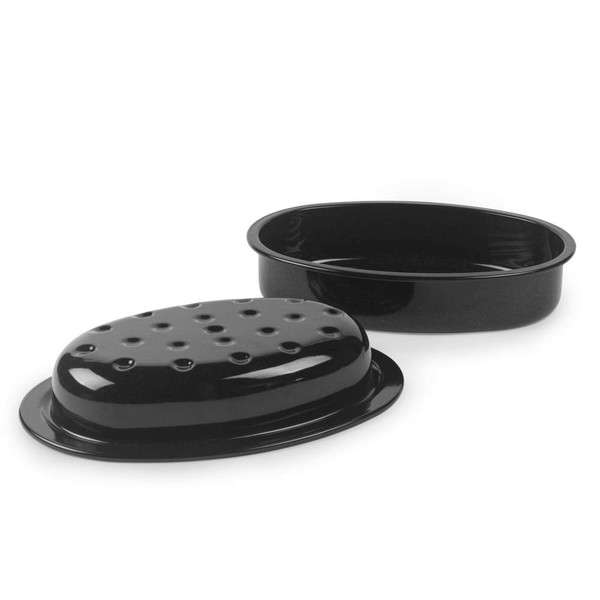 Black enamel oval roasting pan with perforated lid, shown open.