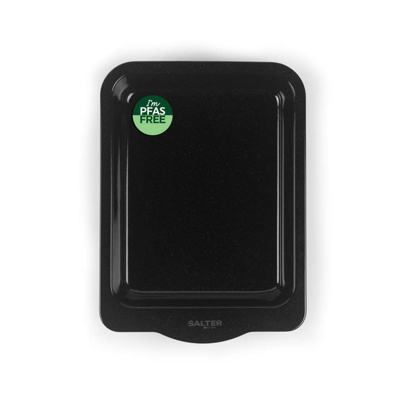 Black roasting tray with PFAS free label, rectangular, top view