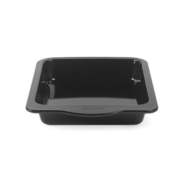 Black square roasting tin with curved edge, shown empty from above.