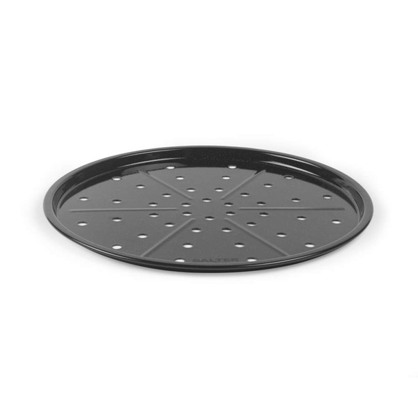 Black non-stick pizza tray with holes for crispier baking