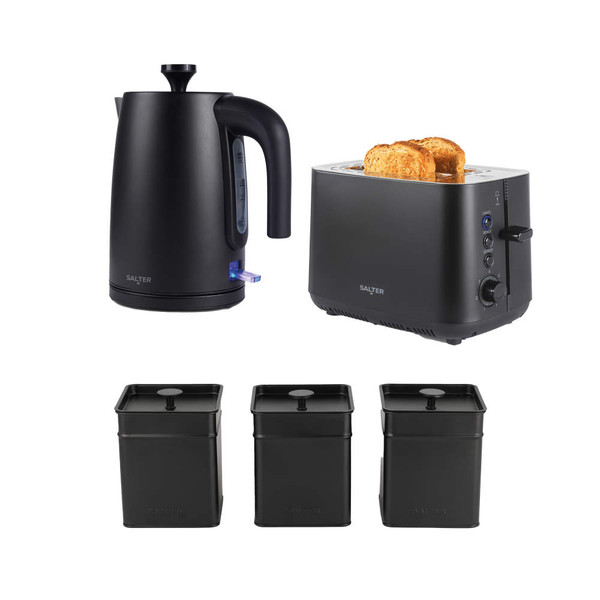 Salter matte black kettle, toaster with toast, and set of three storage canisters