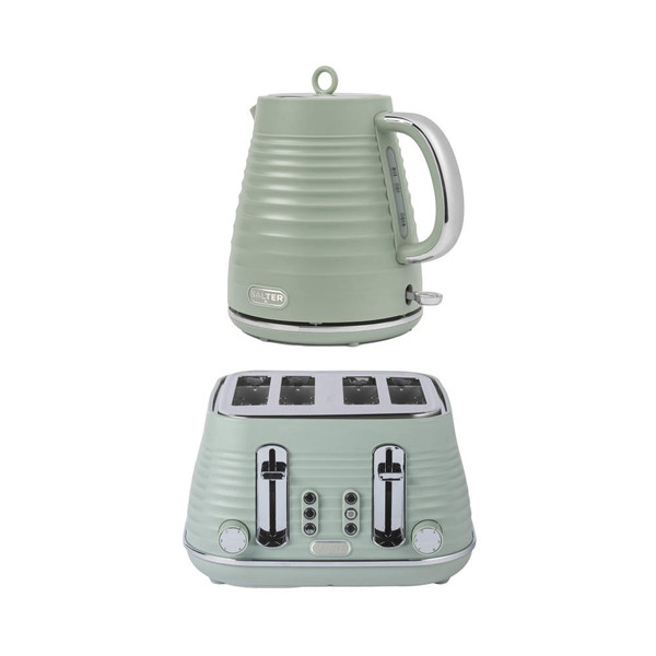 Green ribbed kettle and 4-slice toaster set, shown on white background